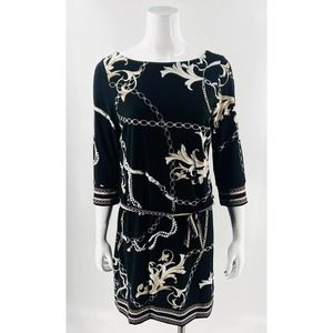 White House Black Market Blouson Dress Small Black Tan Chain Pearl Print Belted